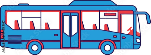 Stylized cartoon bus in blue and red colors, public transport vehicle with windows and wheels