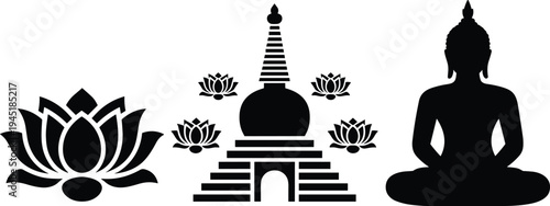 PrintLotus flower icon, Buddhist stupa silhouette, meditating Buddha vector, spiritual enlightenment