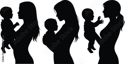 PrintMother silhouette illustration, woman holding baby vector design, motherhood care clipart, parenting outline graphics, family love art, nurturing icons collection