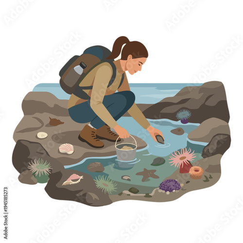Woman explores tidal pool on rocky shoreline with bucket and finds marine life