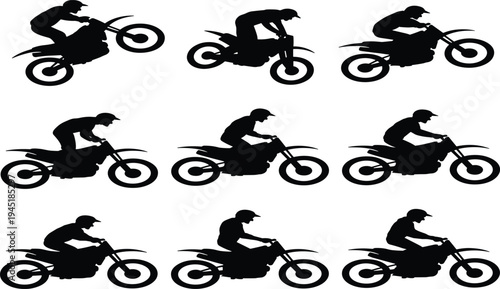 PrintMotorcycle rider silhouette vector, stunt jump icon, extreme sports graphic, black and white design illustration, motorbike motion art, racing element