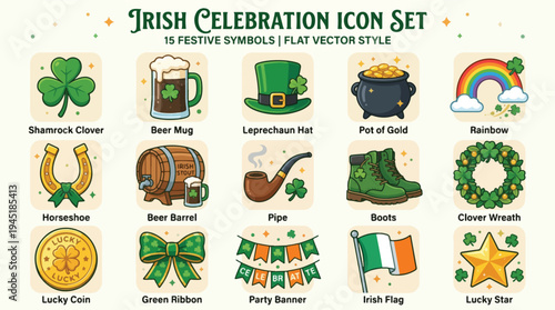 Vibrant Set of Irish Celebration Icons Lucky Charms and Festive Symbols in Modern Flat Vector Style
