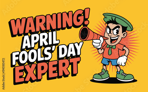 Cartoon boy with megaphone announcing april fools day expert