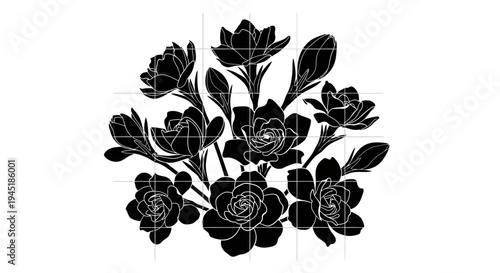 Black floral pattern with roses and leaves on white background for design and decoration purposes
