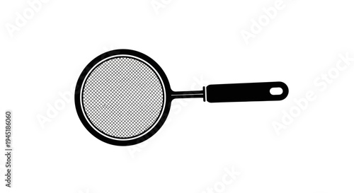 Black and white illustration of a kitchen strainer with handle on white background