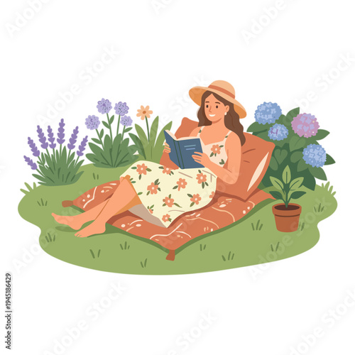Woman reading book on blanket in garden with flowers and plants nearby outdoors