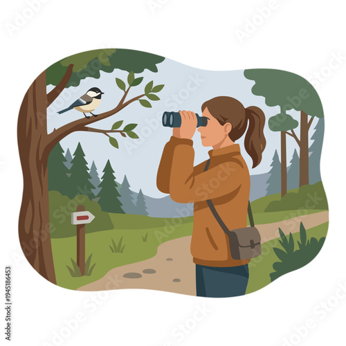Woman uses binoculars to observe a bird perched on a tree branch in a forest.