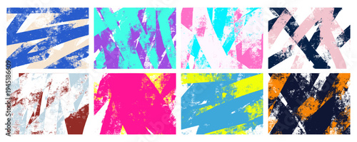 Modern ink roller brush stroke wallpaper collection. Bright diagonal stripe posters with worn linocut xerox noise. Trendy abstract bg kit.