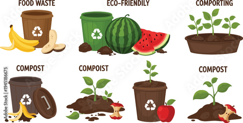 Eco-Friendly Composting and Food Waste Recycling with Fruit Scraps, Compost Bins, and Plant Growth Illustrations