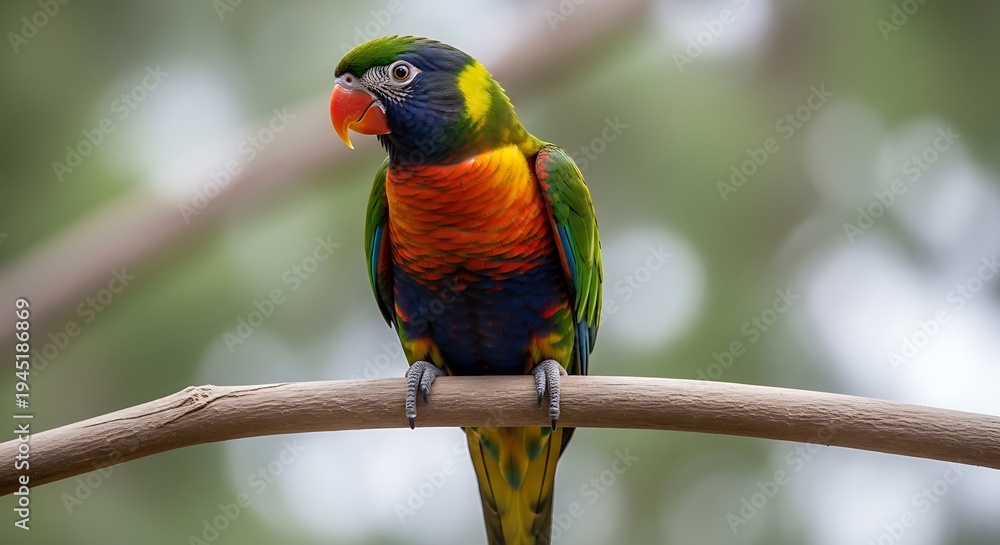 Obraz premium Vibrant rainbow lorikeet parrot with striking orange, blue, and green plumage perches quietly on a smooth, horizontal tree branch against a blurred natural background.