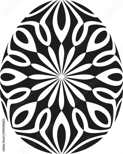 Monochrome egg mandala vector graphic with abstract floral pattern black circle
