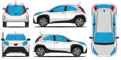 Vector illustration of a white compact crossover car from multiple perspectives including front, back, side, and top views.