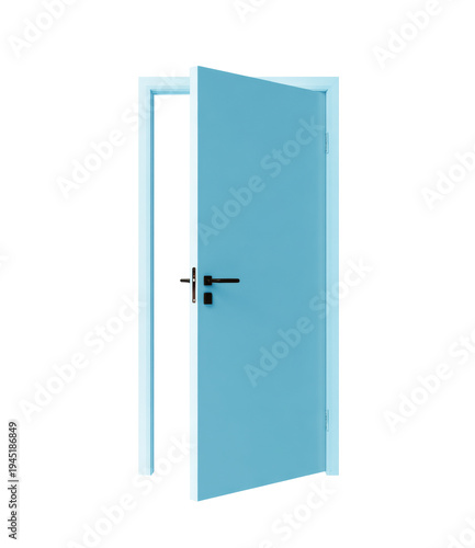 Aesthetic Open door with Light blue hue, showcasing Modern design on a clean White background, serving as an inviting Entryway.