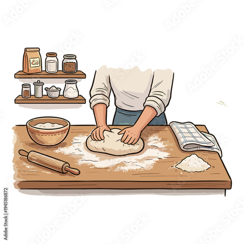 A person kneading dough on a floured table with rolling pin and shelves