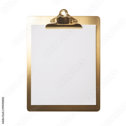 Golden Brass Clipboard with Blank Paper on White Background - A Versatile Stationery Mockup for Your Notes and Documents