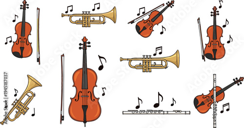 Vector Set of Musical Instruments Including Violins, Trumpets, Flutes, and Music Notes for Music Education and Performance Designs