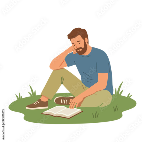 Man sitting on grass reading book with thoughtful expression outdoors