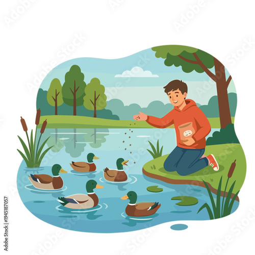 Man feeding ducks in a serene lake surrounded by trees and lush greenery