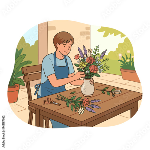 Woman arranging flowers on a table in a garden