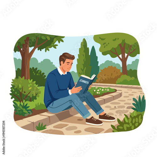Man reads book sitting on stone path in green park with trees