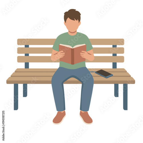 Man sitting on a bench reading a book with a tablet
