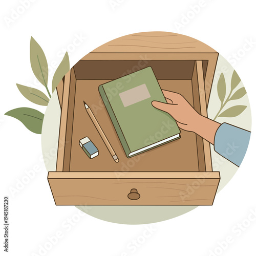 A hand places a green book into an open wooden drawer containing a pencil and eraser.