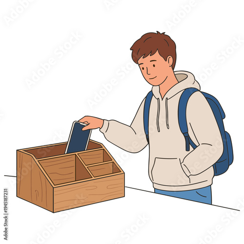 Young man with backpack casting ballot into wooden box at polling station