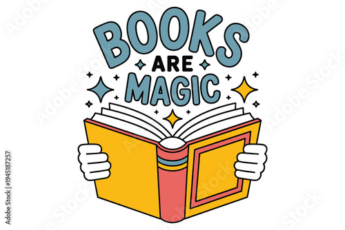 Hands holding open book with books are magic text and stars