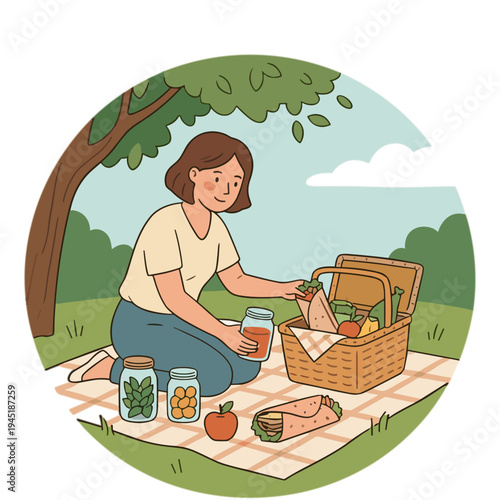 Woman enjoys a serene picnic under a tree in the park outdoors