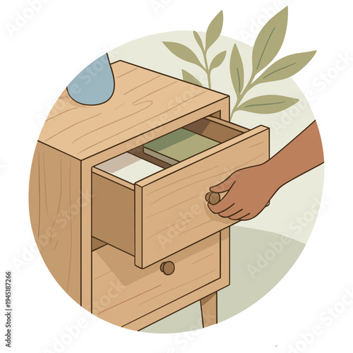 A hand pulls out a drawer from a wooden dresser with books inside.