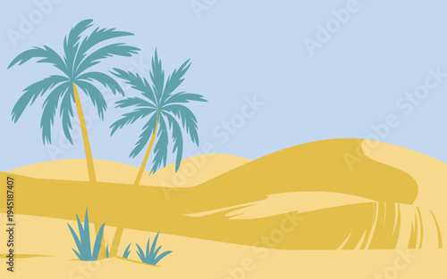 Desert palm illustration, detailed black and white artwork featuring palm trees with brown trunks, two blue succulent plants in foreground, and rolling golden sand dunes background for nature and land