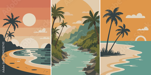 Palm tree silhouette panel illustration, minimalist dark green palm trees on warm gradient backgrounds arranged in borderless side by side composition for coastal and tropical artwork.
