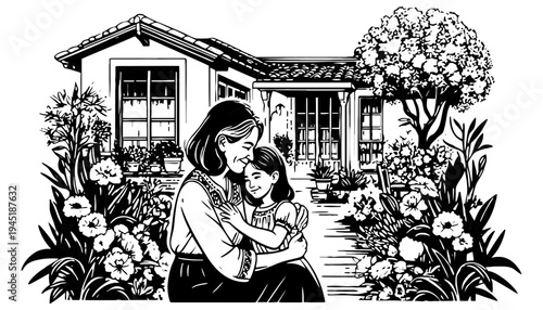 Mother holding a child in front of a house with a garden