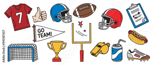 Collection of american football themed doodle style illustrations and icons
