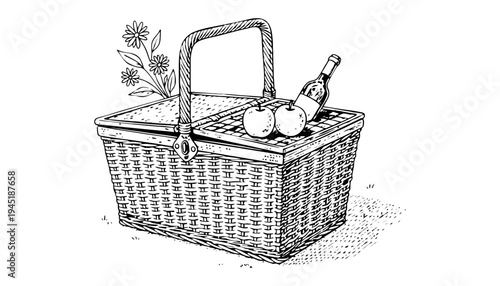 A picnic basket illustration with wine and apples on a white background