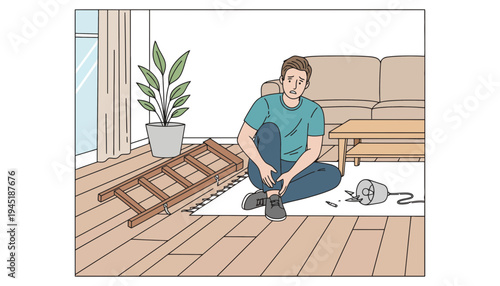 Man assembling furniture in a modern living room with a potted plant