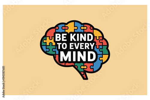 Colorful puzzle brain with kindness message on yellow background
