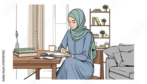 A woman wearing hijab sits at a desk with books and a cup of coffee
