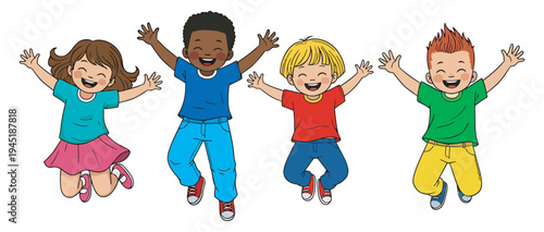 Happy diverse children jumping and laughing with joy on a white background