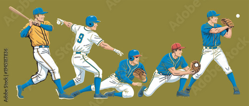 Baseball players in various action poses during a game, batting and fielding