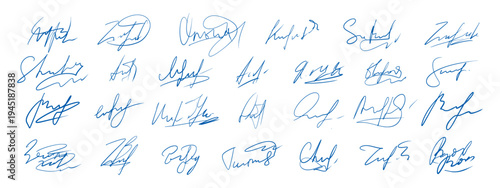 Autograph sample collection. Blue ink signatures in different handwriting styles.