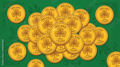 A shimmering pile of golden Irish Euro coins featuring lucky shamrock symbols, representing prosperity and financial success from Ireland's economy