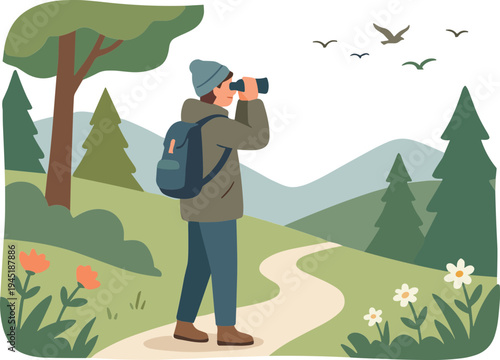 Man observes birds with binoculars on a winding forest trail surrounded by trees and flowers.