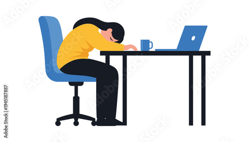 A woman falls asleep at her desk with a laptop and coffee