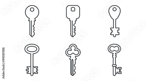 A set of six different keys in a vector graphic illustration showcasing various designs and shapes for unlocking and access