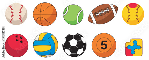 Collection of sports balls and a puzzle piece, colorful set for various games
