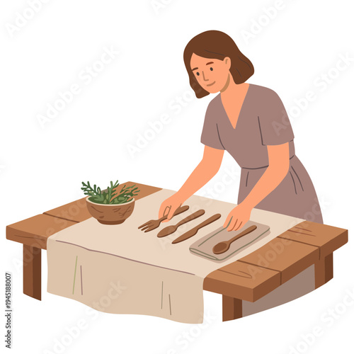 Woman prepares food on table with herbs and bread rolls.
