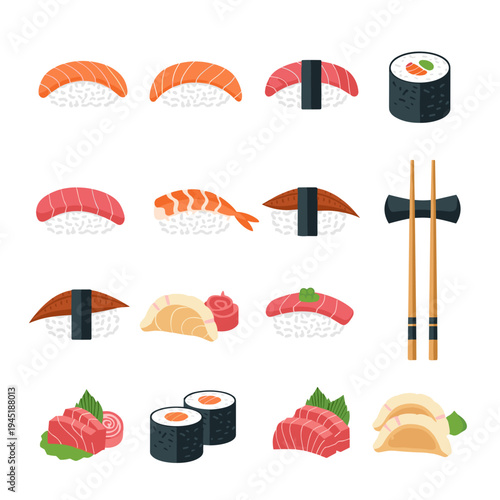 Delicious and colorful sushi set with various types of seafood and rolls.