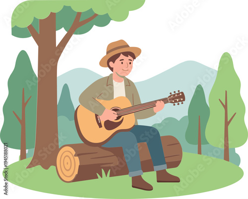 Man playing guitar on log in forest with trees and mountains