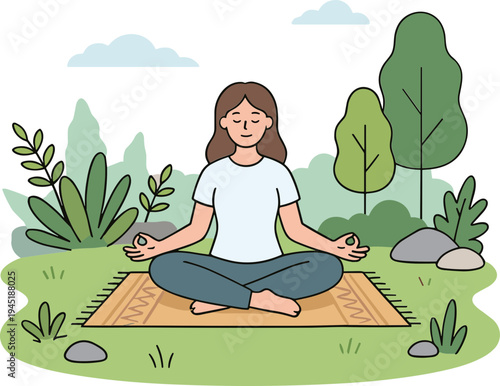 Woman meditates peacefully on a mat in a serene natural outdoor setting with trees.